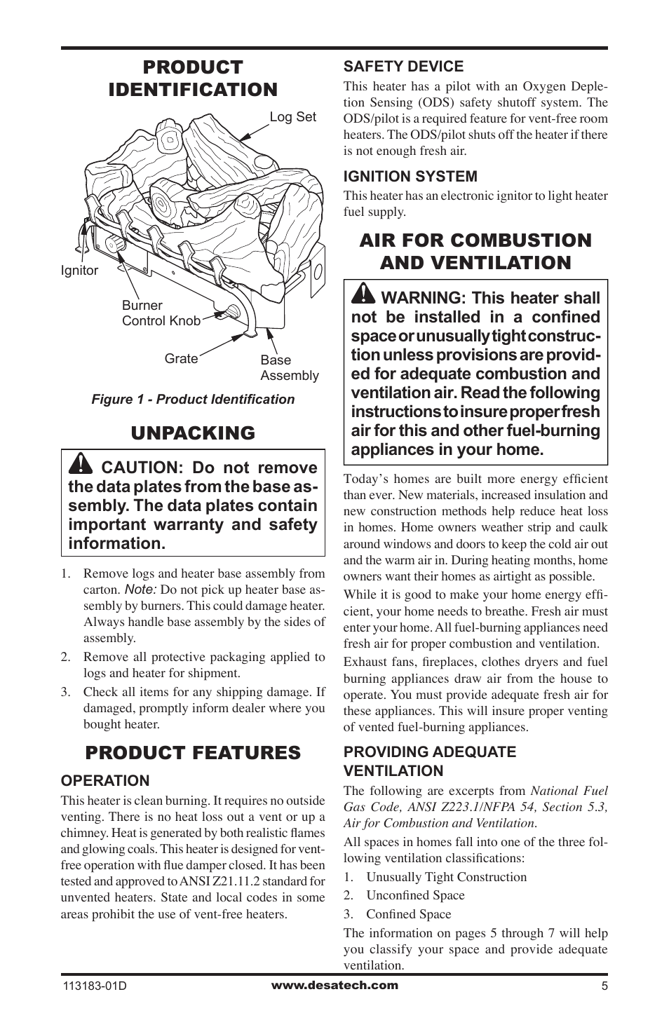 Product identification, Unpacking, Product features | Air for combustion and ventilation | Desa CDR3924NT User Manual | Page 5 / 28