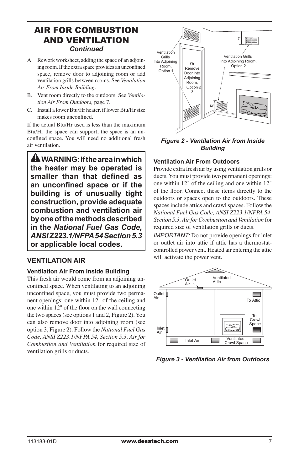 Air for combustion and ventilation, Ventilation air, Continued | Desa CDR3924NT User Manual | Page 7 / 28