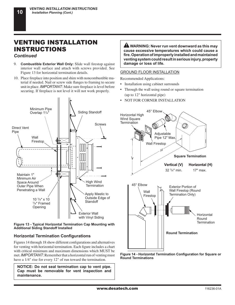 Venting installation instructions, Continued | Desa VC42P SERIES User Manual | Page 10 / 40