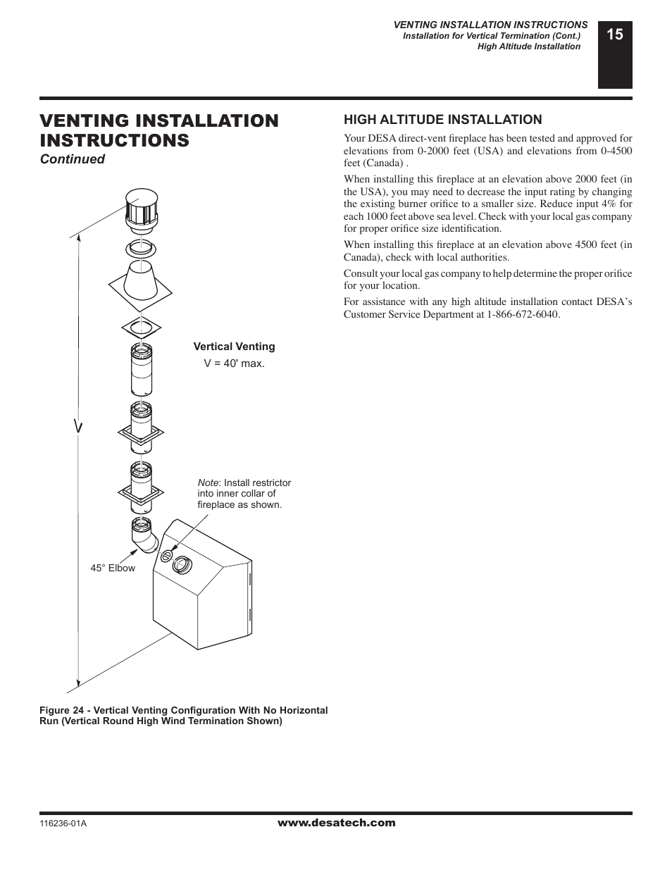 Venting installation instructions | Desa VC42P SERIES User Manual | Page 15 / 40