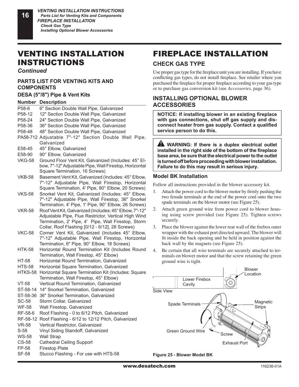 Fireplace installation, Venting installation instructions | Desa VC42P SERIES User Manual | Page 16 / 40