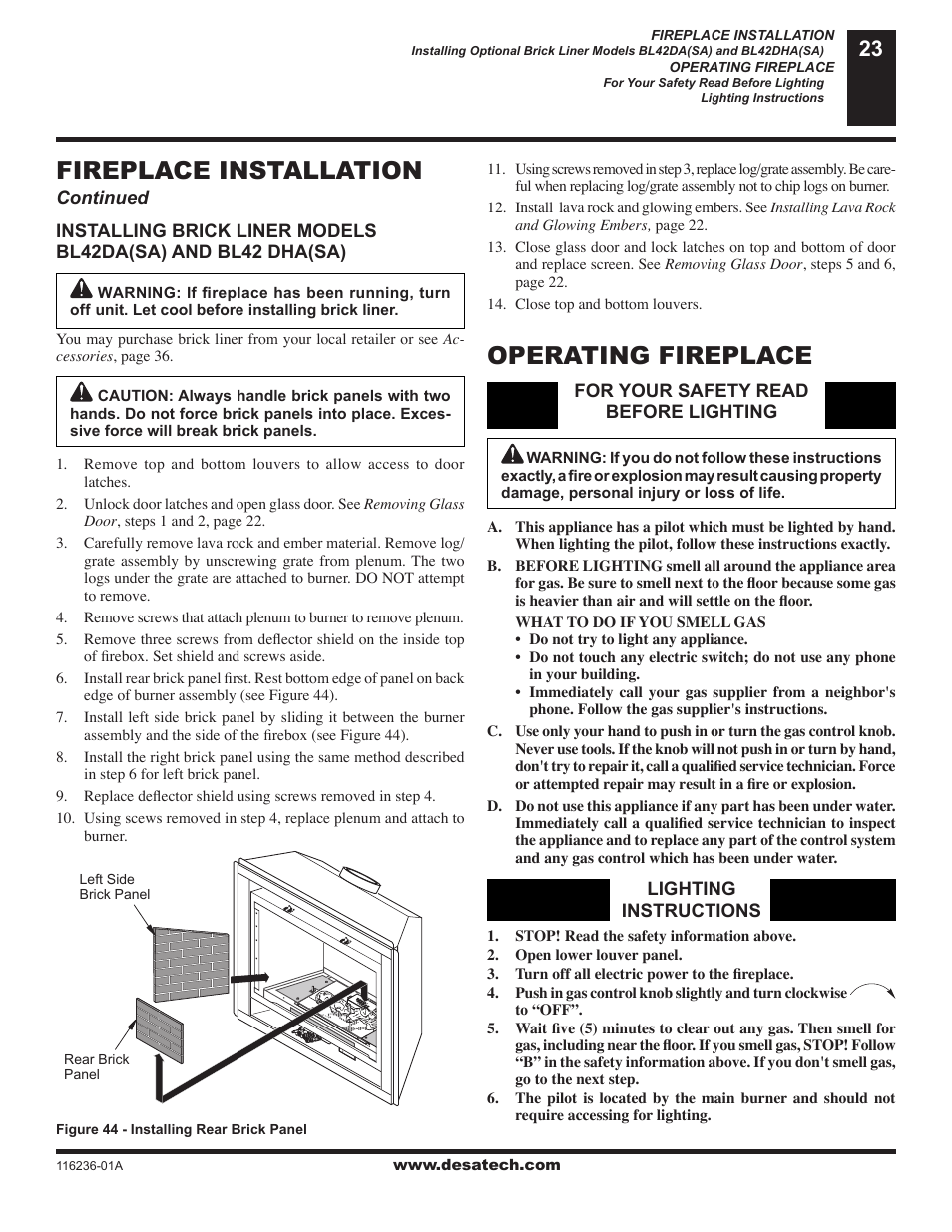 Operating fireplace, Fireplace installation | Desa VC42P SERIES User Manual | Page 23 / 40