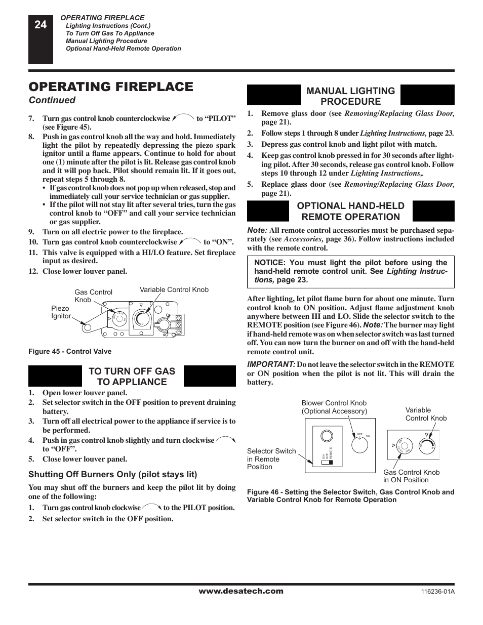 Operating fireplace, Continued, Manual lighting procedure | Optional hand-held remote operation, Shutting off burners only (pilot stays lit) | Desa VC42P SERIES User Manual | Page 24 / 40