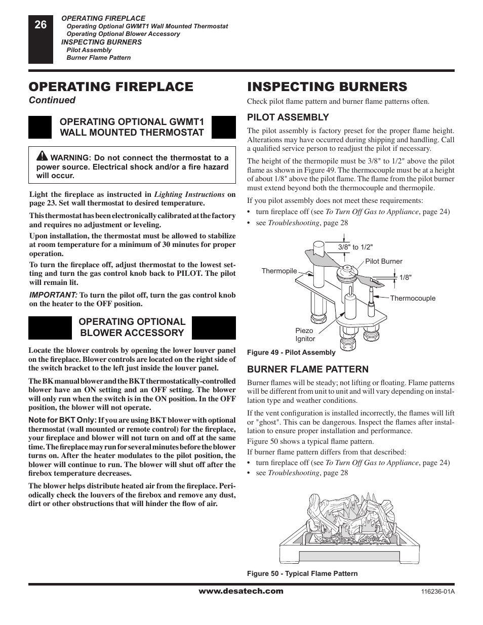 Inspecting burners, Operating fireplace | Desa VC42P SERIES User Manual | Page 26 / 40