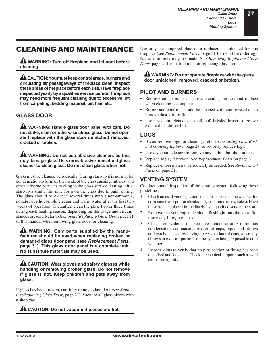 Cleaning and maintenance | Desa VC42P SERIES User Manual | Page 27 / 40