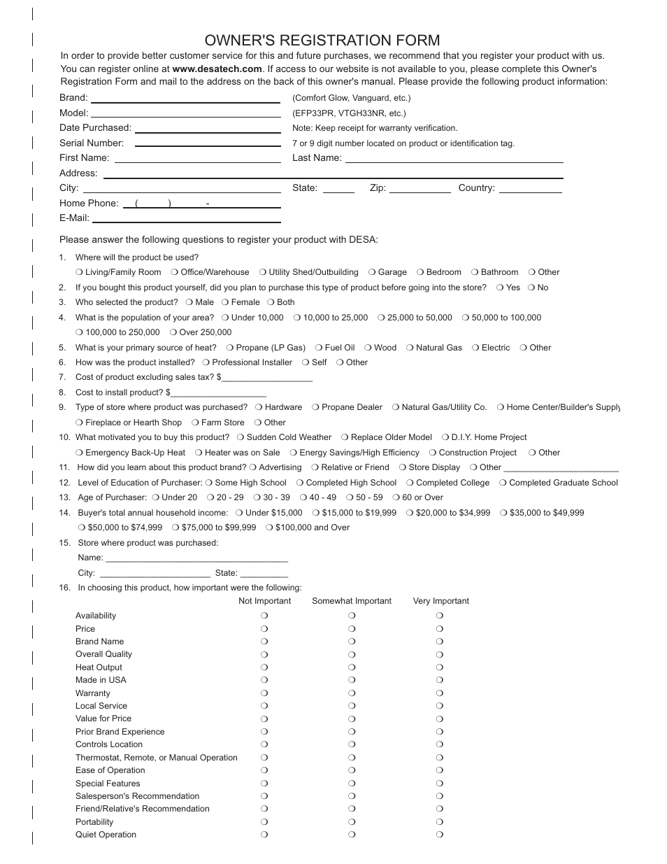 Owner's registration form | Desa VC42P SERIES User Manual | Page 37 / 40