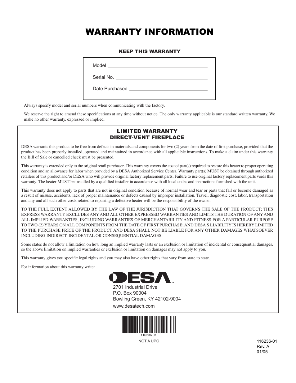 Warranty information | Desa VC42P SERIES User Manual | Page 40 / 40