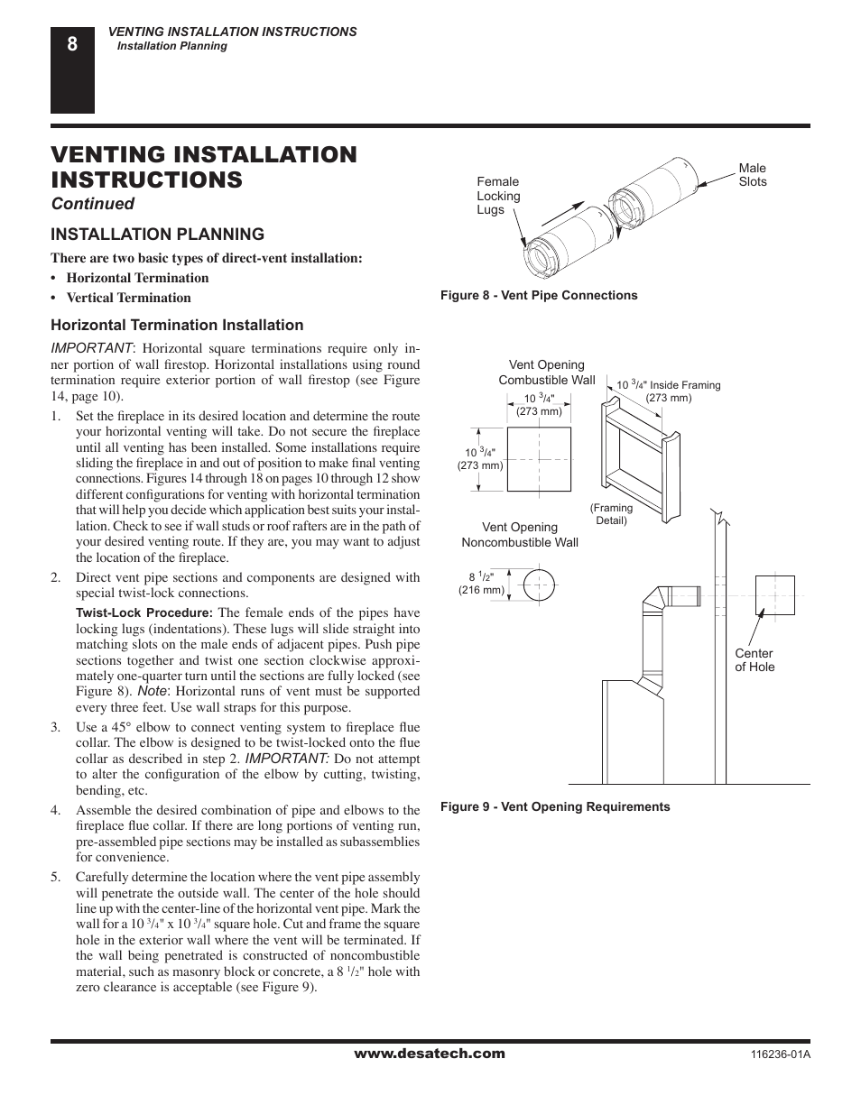 Venting installation instructions, Installation planning, Continued | Horizontal termination installation | Desa VC42P SERIES User Manual | Page 8 / 40