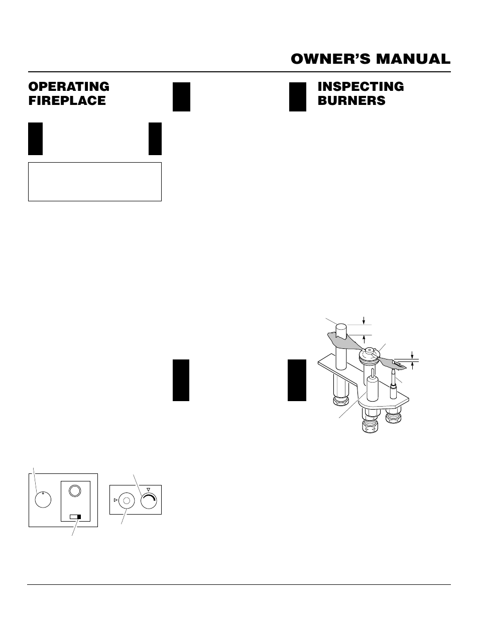 Owner’s manual, Operating fireplace, Inspecting burners | Continued, Operating optional blower accessory, Pilot assembly, Operating optional hand- held remote, Operating optional gwms2 wall mounted switch | Desa DVF34 User Manual | Page 25 / 36