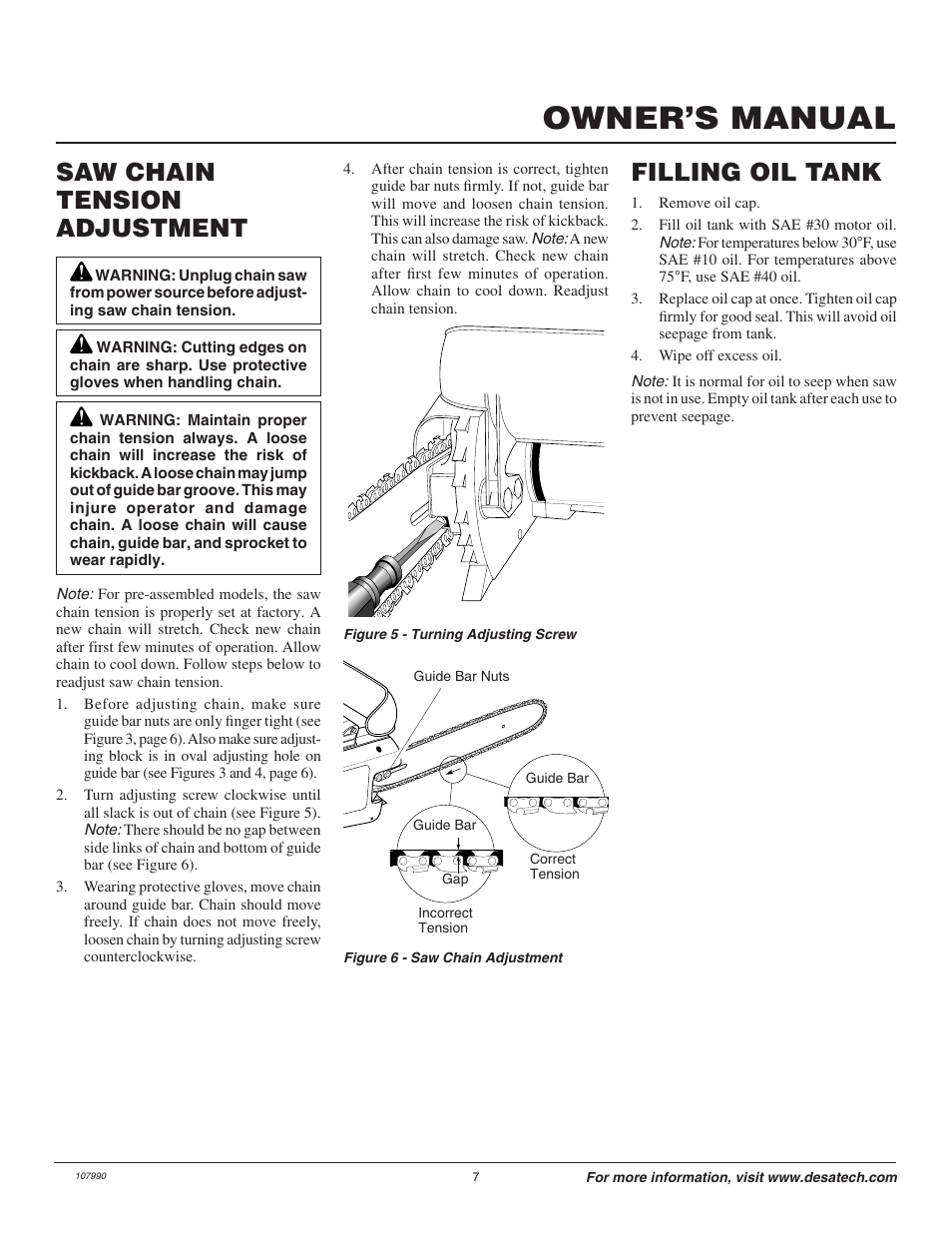 Owner’s manual, Saw chain tension adjustment, Filling oil tank | Desa 100089-07 User Manual | Page 7 / 24