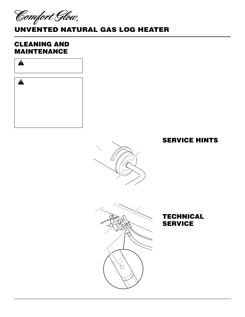 Unvented natural gas log heater, Cleaning and maintenance, Technical service | Service hints | Desa CCL3930NR User Manual | Page 18 / 28