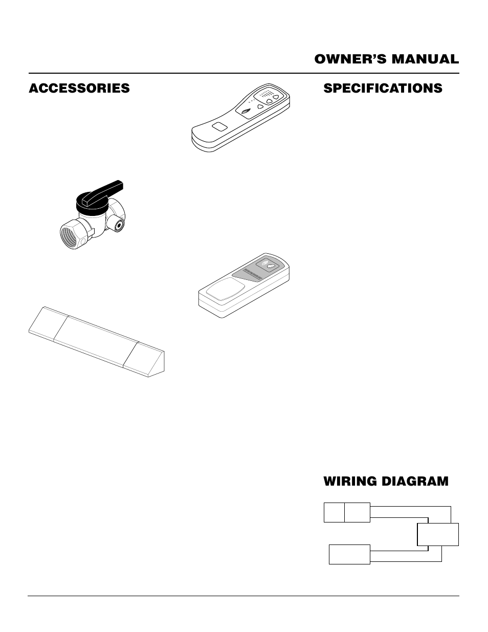 Owner’s manual, Specifications, Wiring diagram | Accessories, Equipment shutoff valve - ga5010, Fireplace hood, Lava rock - ga6060 (not shown), Damper clamp - ga6080 | Desa CCL3930NR User Manual | Page 27 / 28
