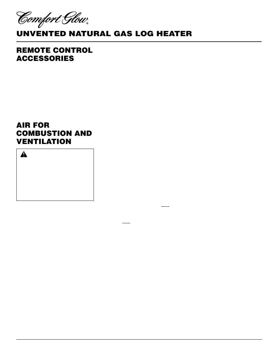 Unvented natural gas log heater, Air for combustion and ventilation, Remote control accessories | Desa CCL3930NR User Manual | Page 4 / 28
