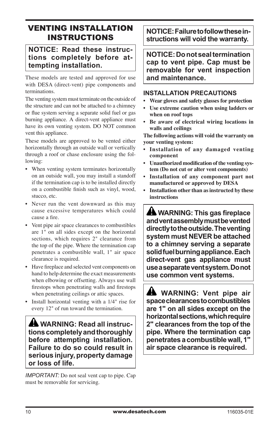 Venting installation instructions | Desa V)CD36RN User Manual | Page 10 / 52