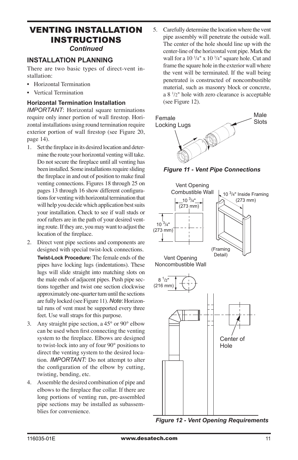 Venting installation instructions, Installation planning, Continued | Desa V)CD36RN User Manual | Page 11 / 52