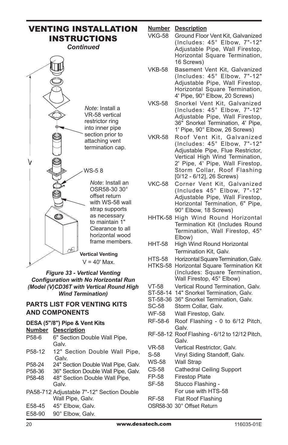 Venting installation instructions | Desa V)CD36RN User Manual | Page 20 / 52