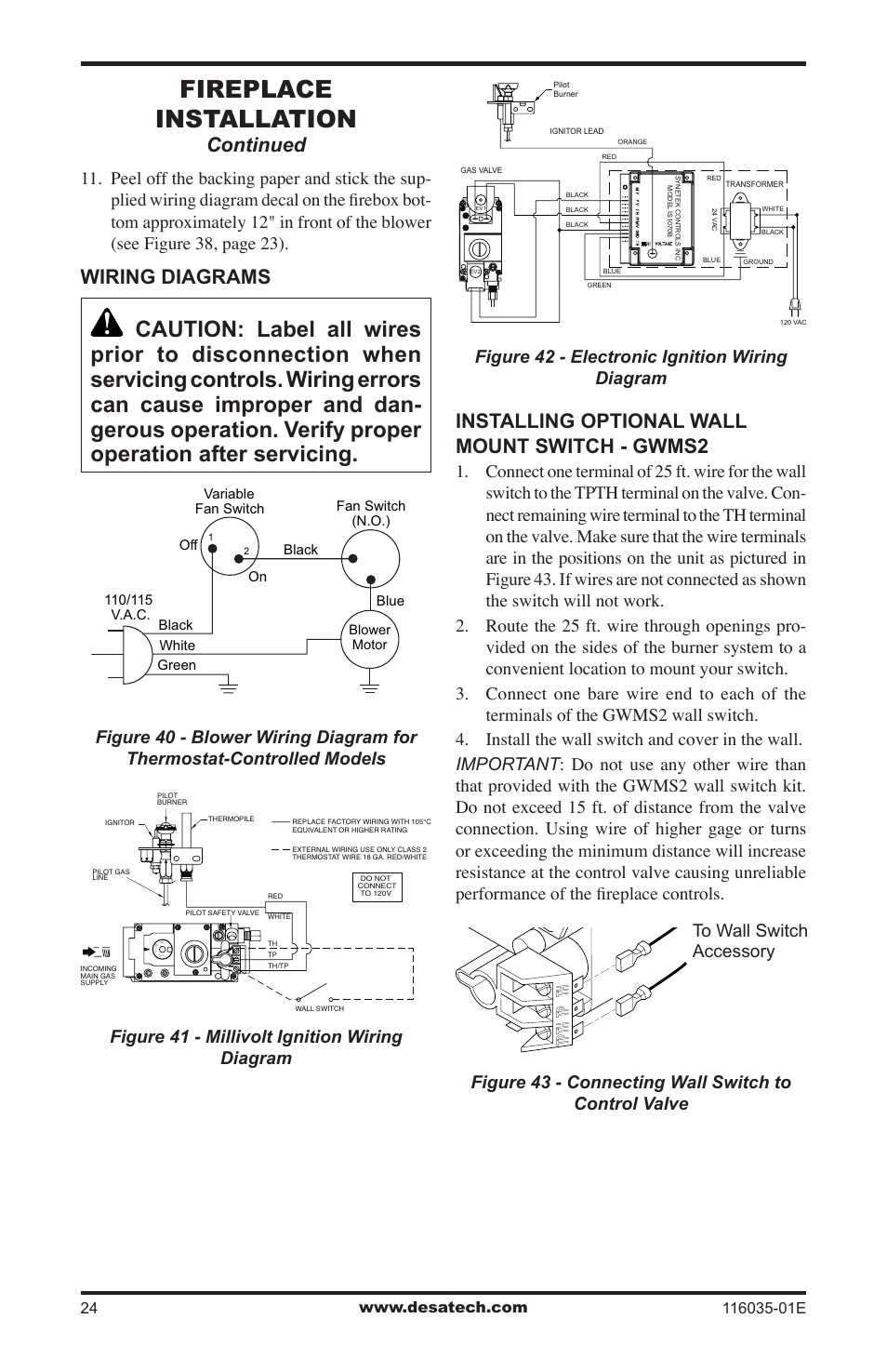 Fireplace installation, Wiring diagrams, Continued | Installing optional wall mount switch - gwms2 | Desa V)CD36RN User Manual | Page 24 / 52