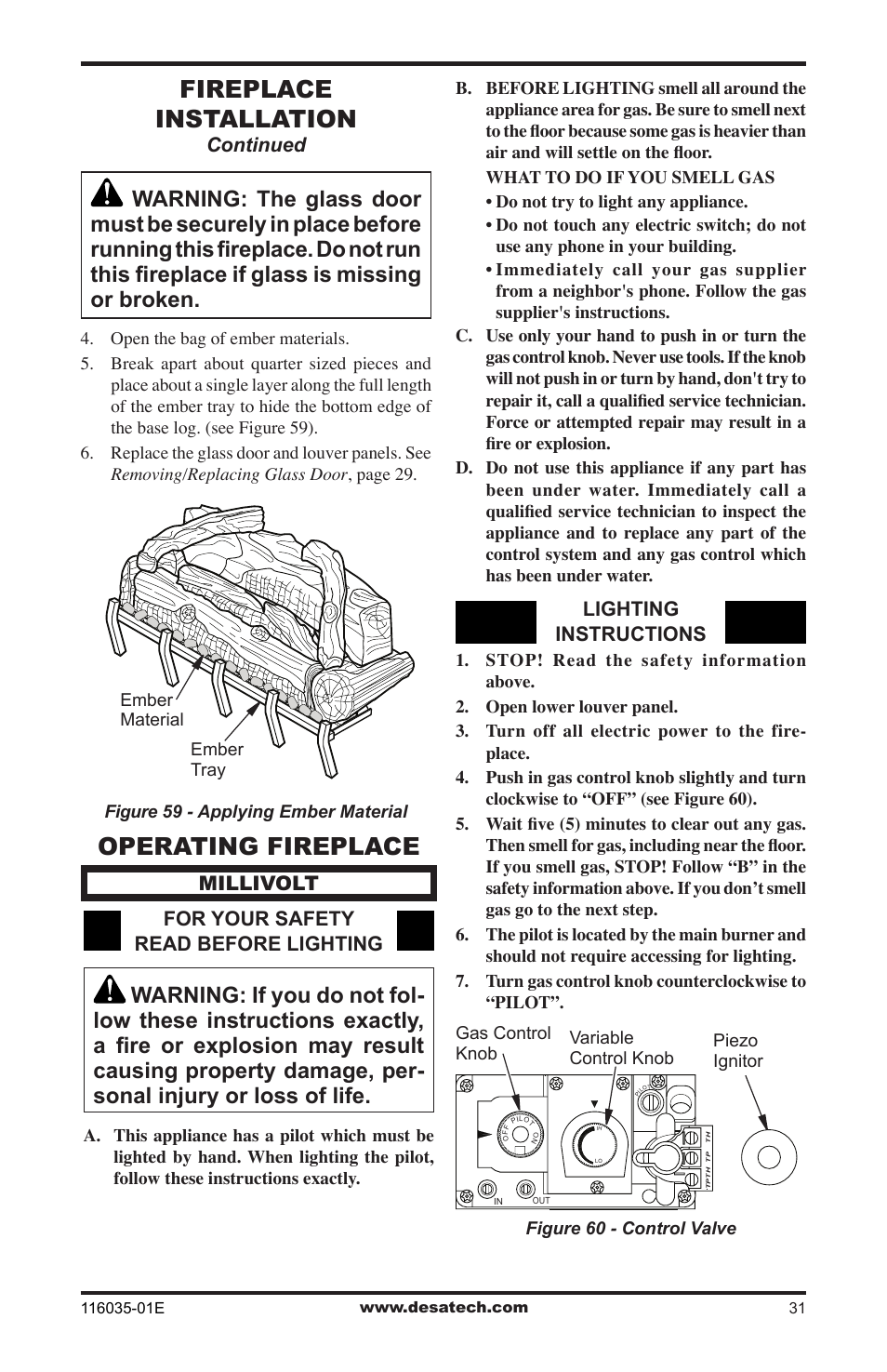 Operating fireplace, Fireplace installation, Continued | Millivolt for your safety read before lighting, Lighting instructions | Desa V)CD36RN User Manual | Page 31 / 52