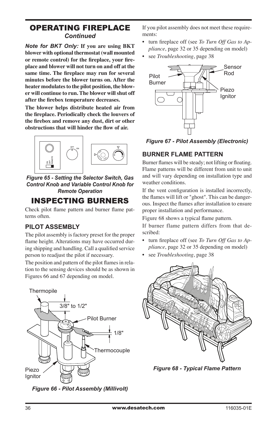 Inspecting burners, Operating fireplace, Continued | Pilot assembly, Burner flame pattern | Desa V)CD36RN User Manual | Page 36 / 52