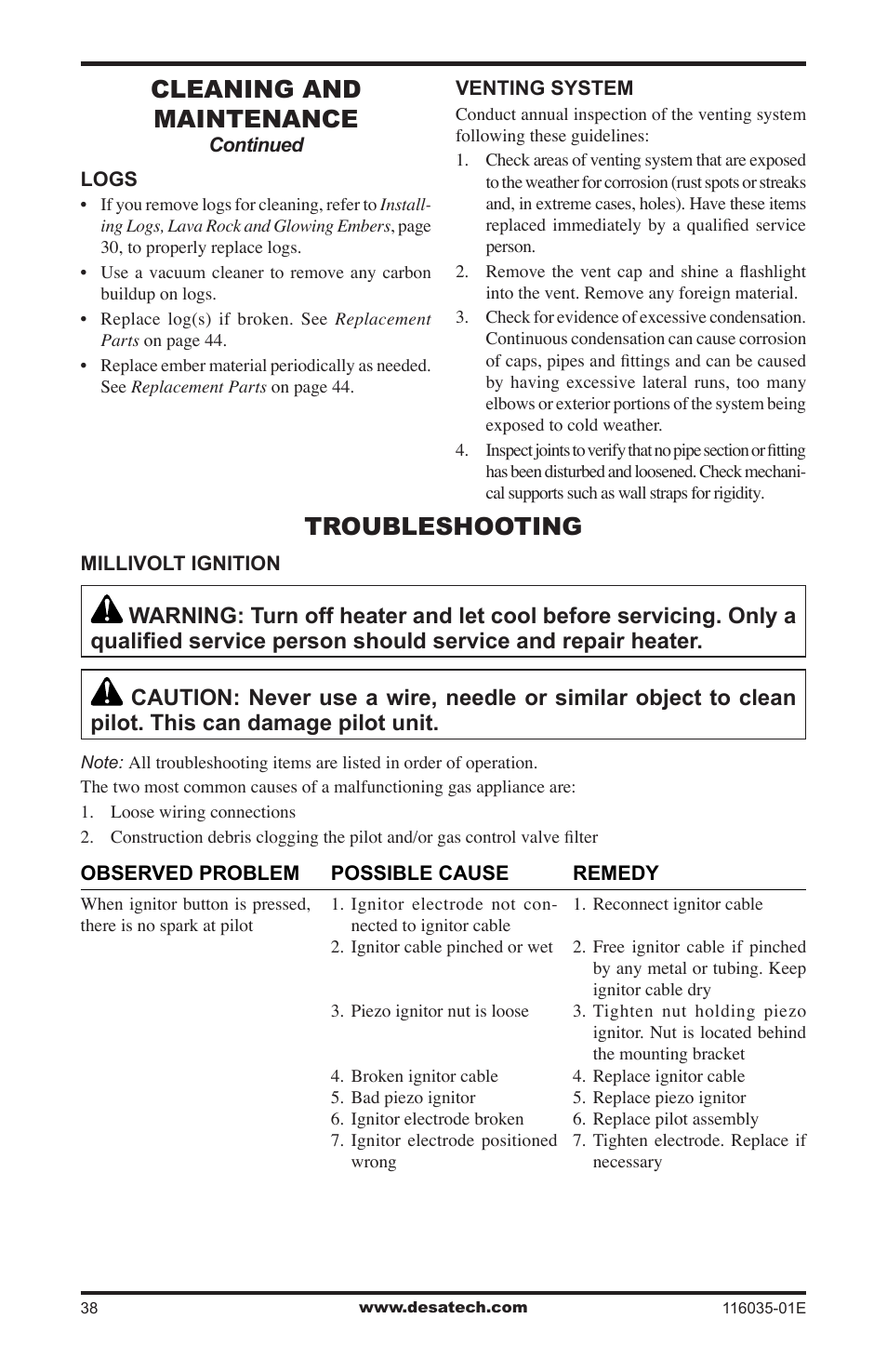 Troubleshooting, Cleaning and maintenance | Desa V)CD36RN User Manual | Page 38 / 52