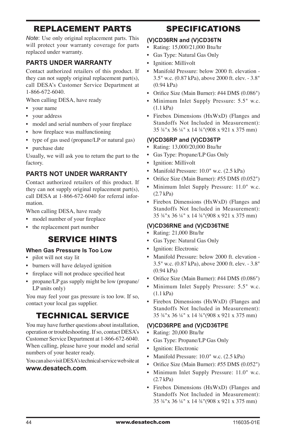 Replacement parts, Service hints, Technical service | Specifications | Desa V)CD36RN User Manual | Page 44 / 52