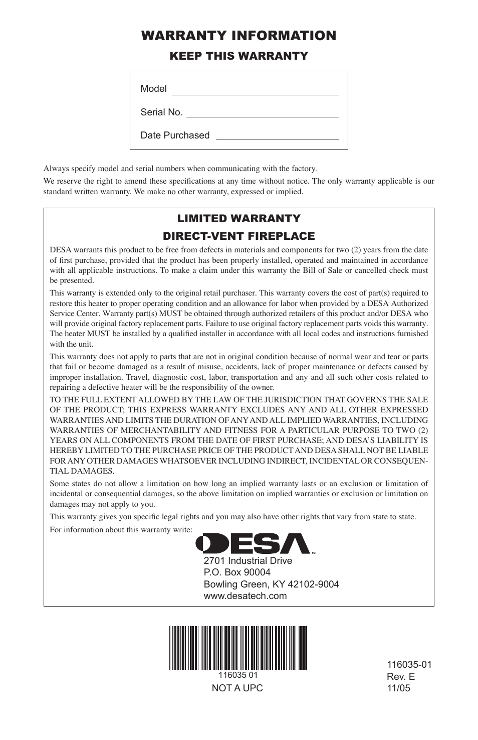 Warranty information, Keep this warranty, Limited warranty direct-vent fireplace | Desa V)CD36RN User Manual | Page 52 / 52