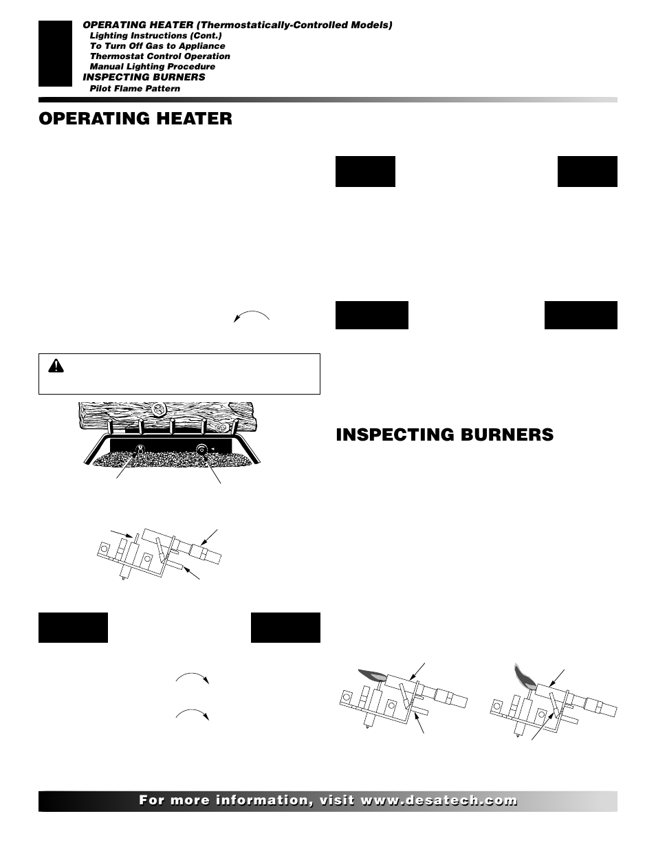 Inspecting burners, Operating heater, Continued | Pilot flame pattern, Thermostat control operation, Manual lighting procedure | Desa CGD3018 User Manual | Page 20 / 42