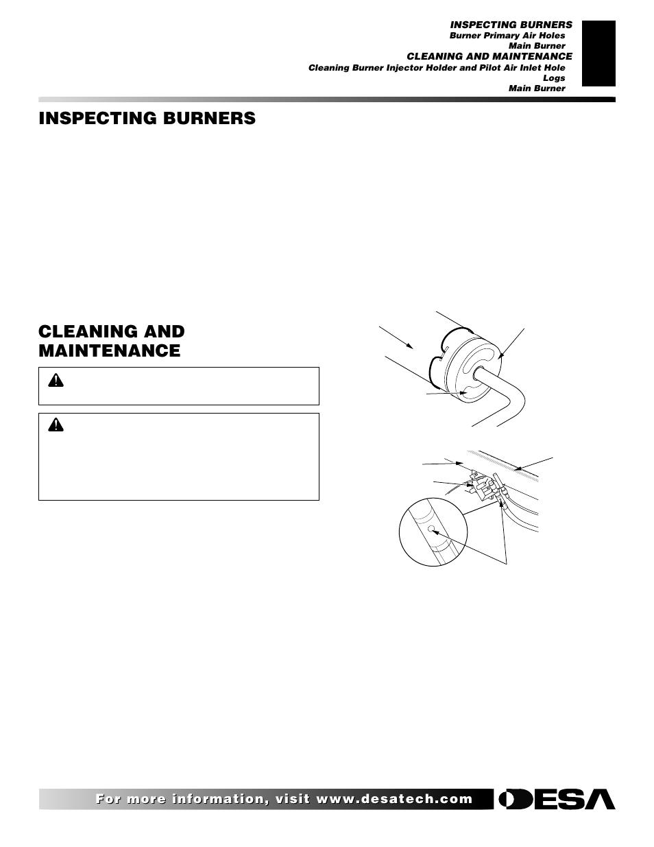 Inspecting burners, Cleaning and maintenance, Continued | Desa CGD3018 User Manual | Page 21 / 42
