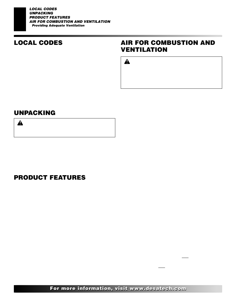 Air for combustion and ventilation, Local codes, Product features unpacking | Desa CGD3018 User Manual | Page 4 / 42