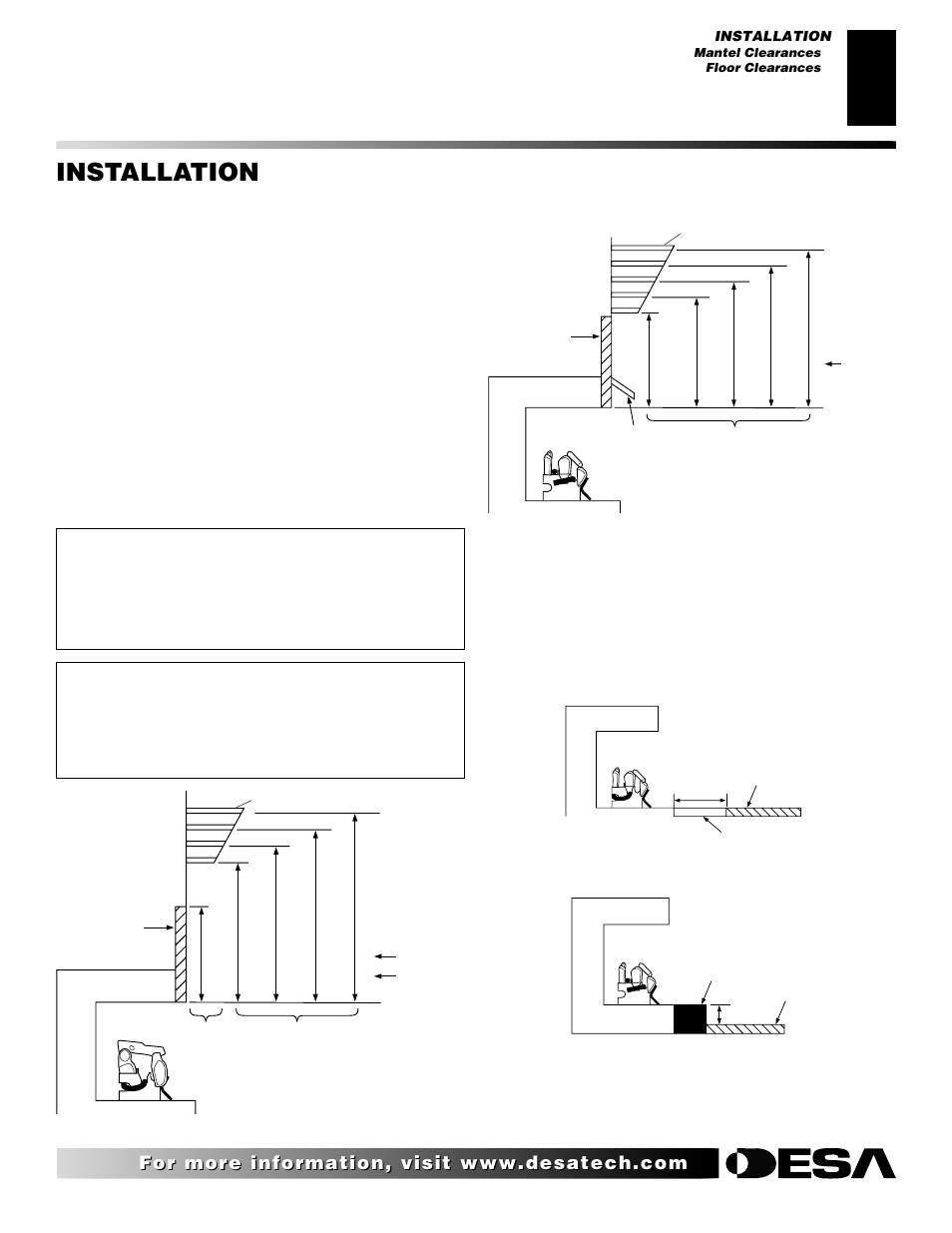 Installation, Continued, Mantel clearances | Floor clearances, Determining minimum mantel clearance | Desa CGD3018 User Manual | Page 9 / 42