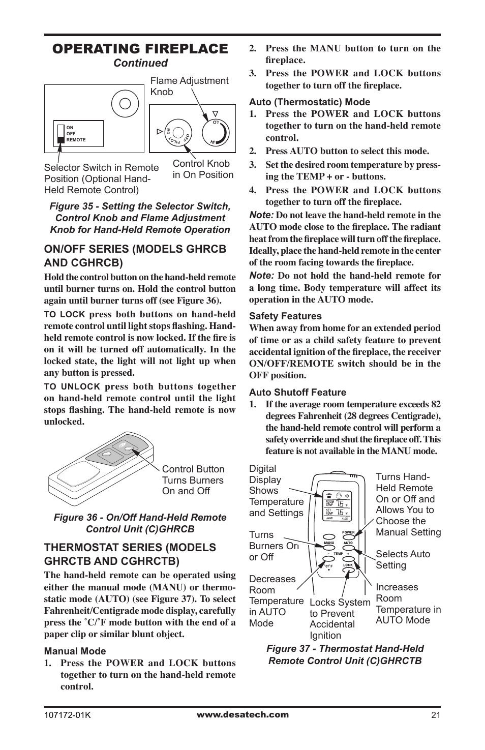 Operating fireplace, Continued on/off series (models ghrcb and cghrcb), Thermostat series (models ghrctb and cghrctb) | Desa EFS33NR User Manual | Page 21 / 36