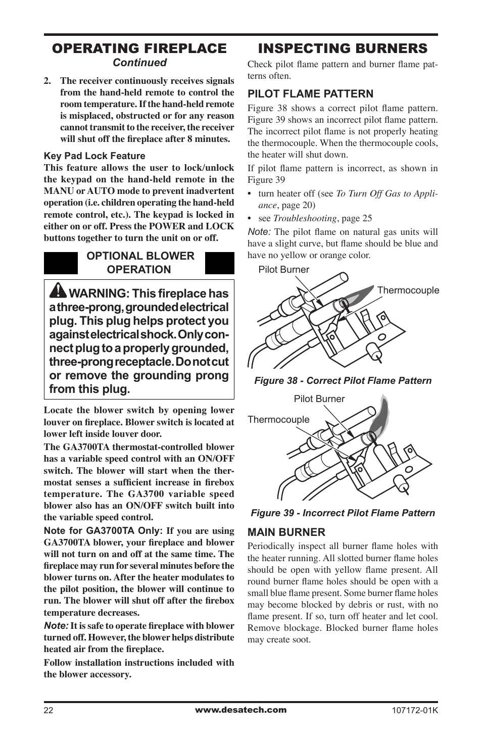 Inspecting burners, Operating fireplace | Desa EFS33NR User Manual | Page 22 / 36