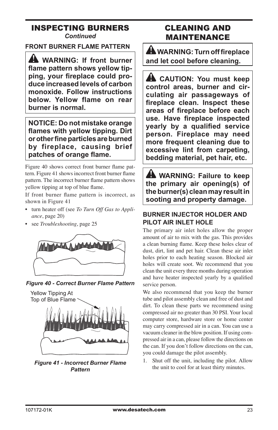 Cleaning and maintenance, Inspecting burners | Desa EFS33NR User Manual | Page 23 / 36