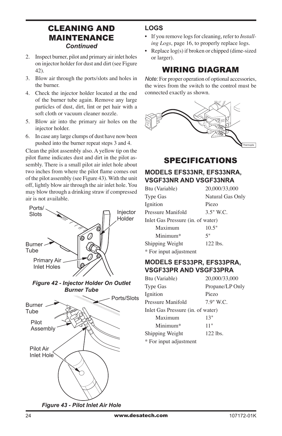 Wiring diagram, Specifications, Cleaning and maintenance | Desa EFS33NR User Manual | Page 24 / 36