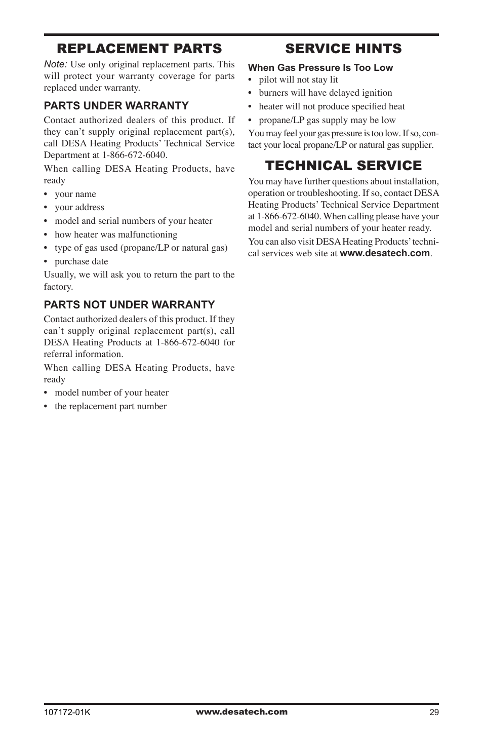 Replacement parts, Service hints, Technical service | Desa EFS33NR User Manual | Page 29 / 36