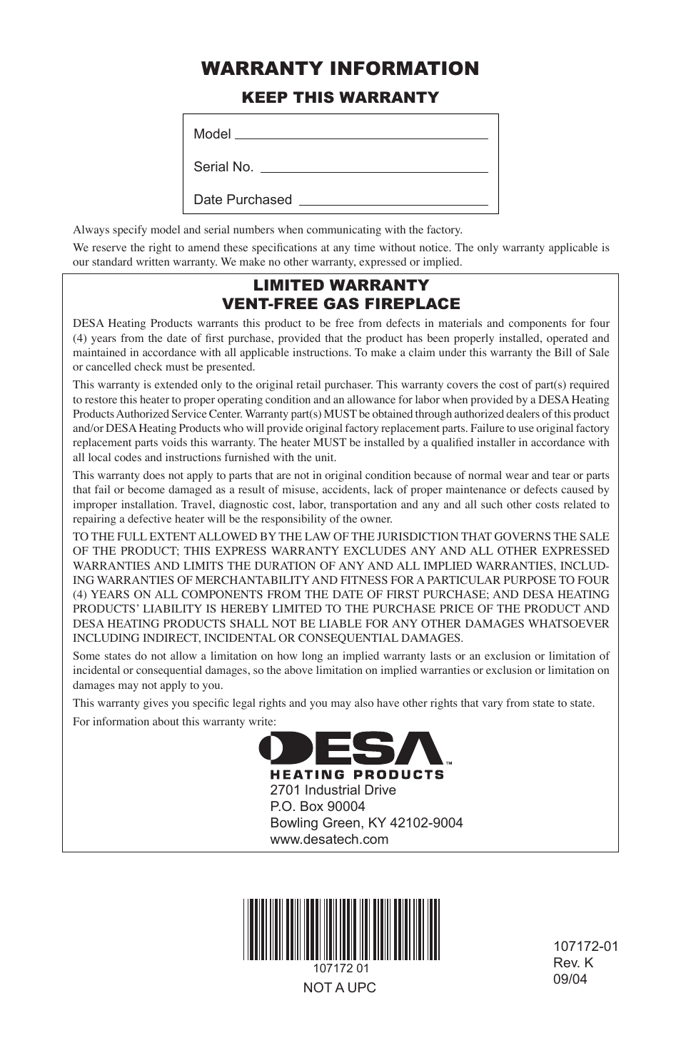 Warranty information, Keep this warranty, Limited warranty vent-free gas fireplace | Desa EFS33NR User Manual | Page 36 / 36