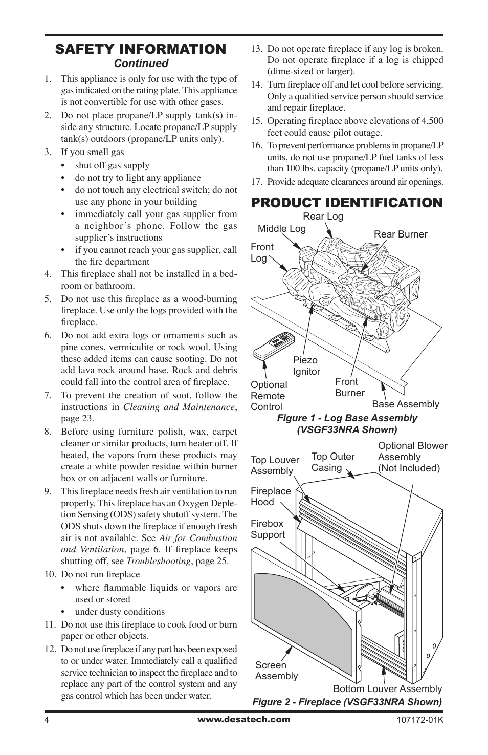 Product identification, Safety information | Desa EFS33NR User Manual | Page 4 / 36