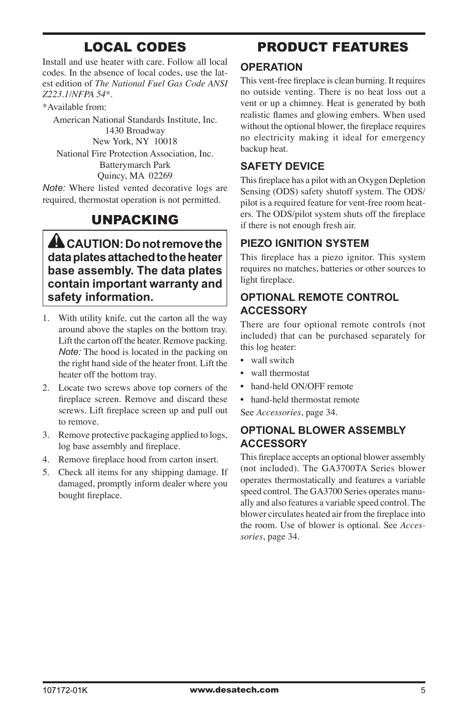 Local codes, Unpacking, Product features | Desa EFS33NR User Manual | Page 5 / 36