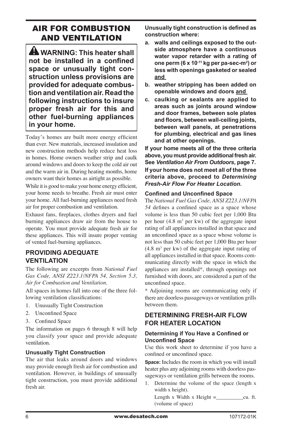 Air for combustion and ventilation | Desa EFS33NR User Manual | Page 6 / 36