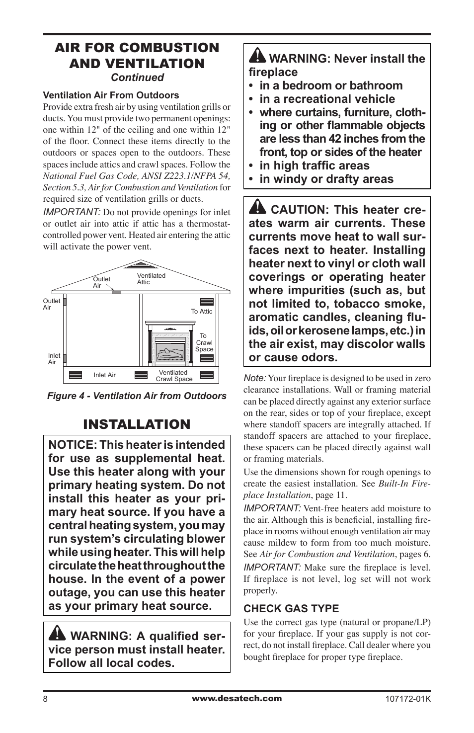 Installation, Air for combustion and ventilation | Desa EFS33NR User Manual | Page 8 / 36