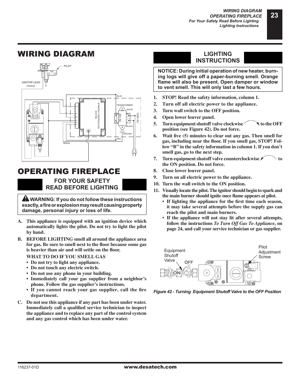 Wiring diagram, Operating fireplace, Wiring diagram operating fireplace | Lighting instructions, For your safety read before lighting | Desa (V)VC42NE Series User Manual | Page 23 / 38