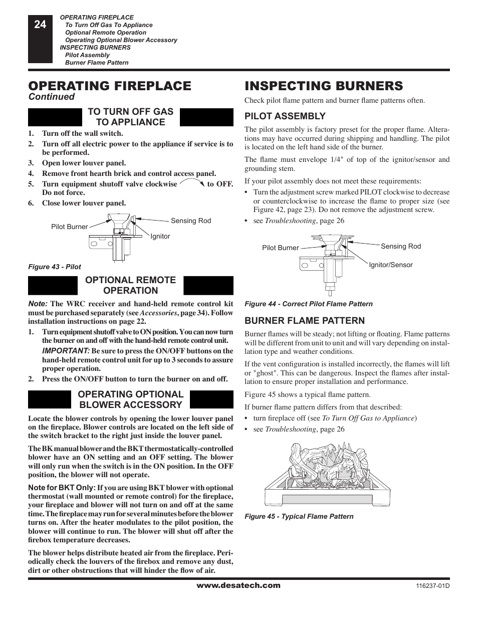 Inspecting burners, Operating fireplace | Desa (V)VC42NE Series User Manual | Page 24 / 38