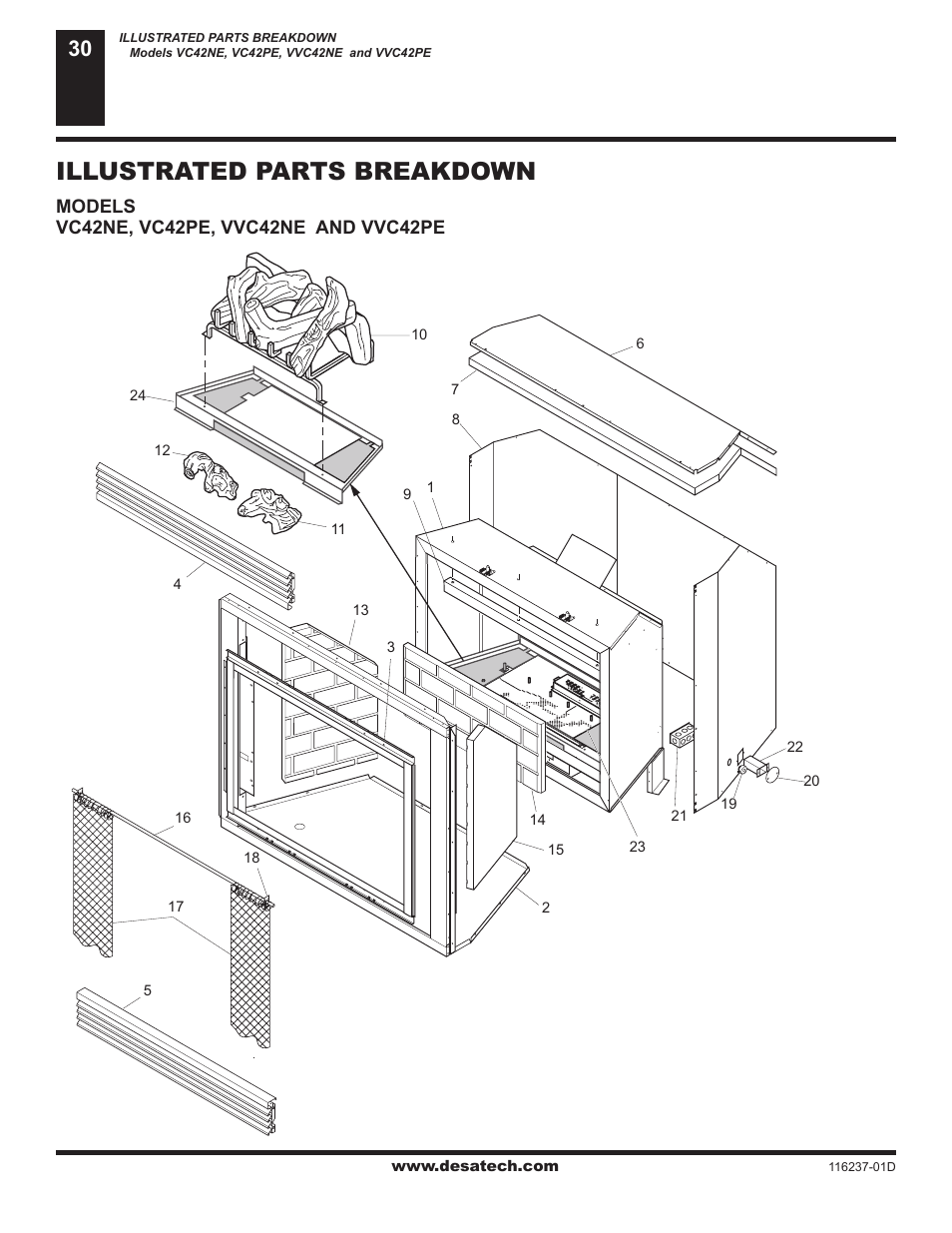 Illustrated parts breakdown and parts list, Illustrated parts breakdown | Desa (V)VC42NE Series User Manual | Page 30 / 38
