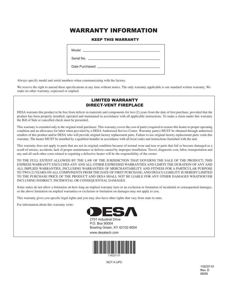 Warranty information | Desa (V)VC42NE Series User Manual | Page 38 / 38
