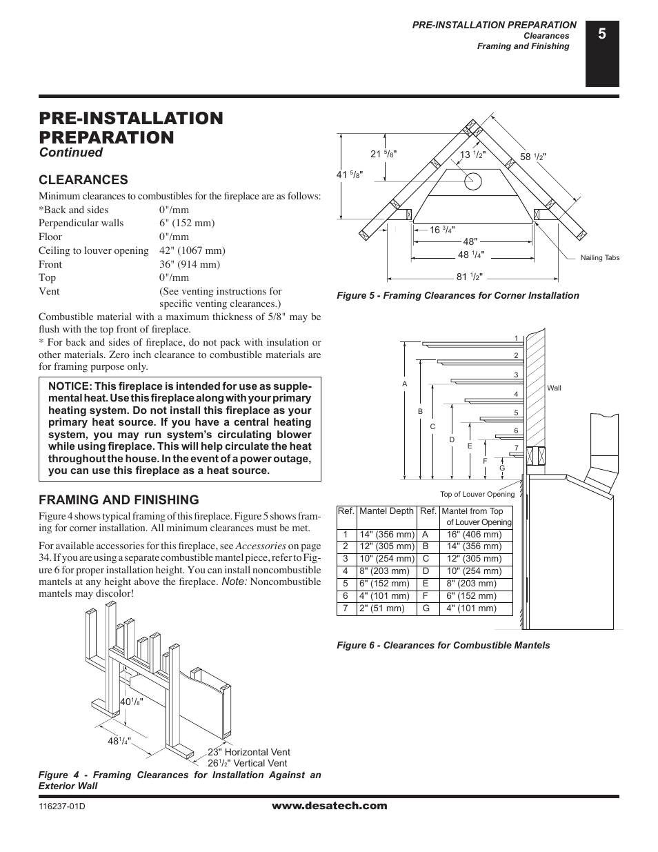 Pre-installation preparation, Clearances, Framing and finishing | Continued | Desa (V)VC42NE Series User Manual | Page 5 / 38