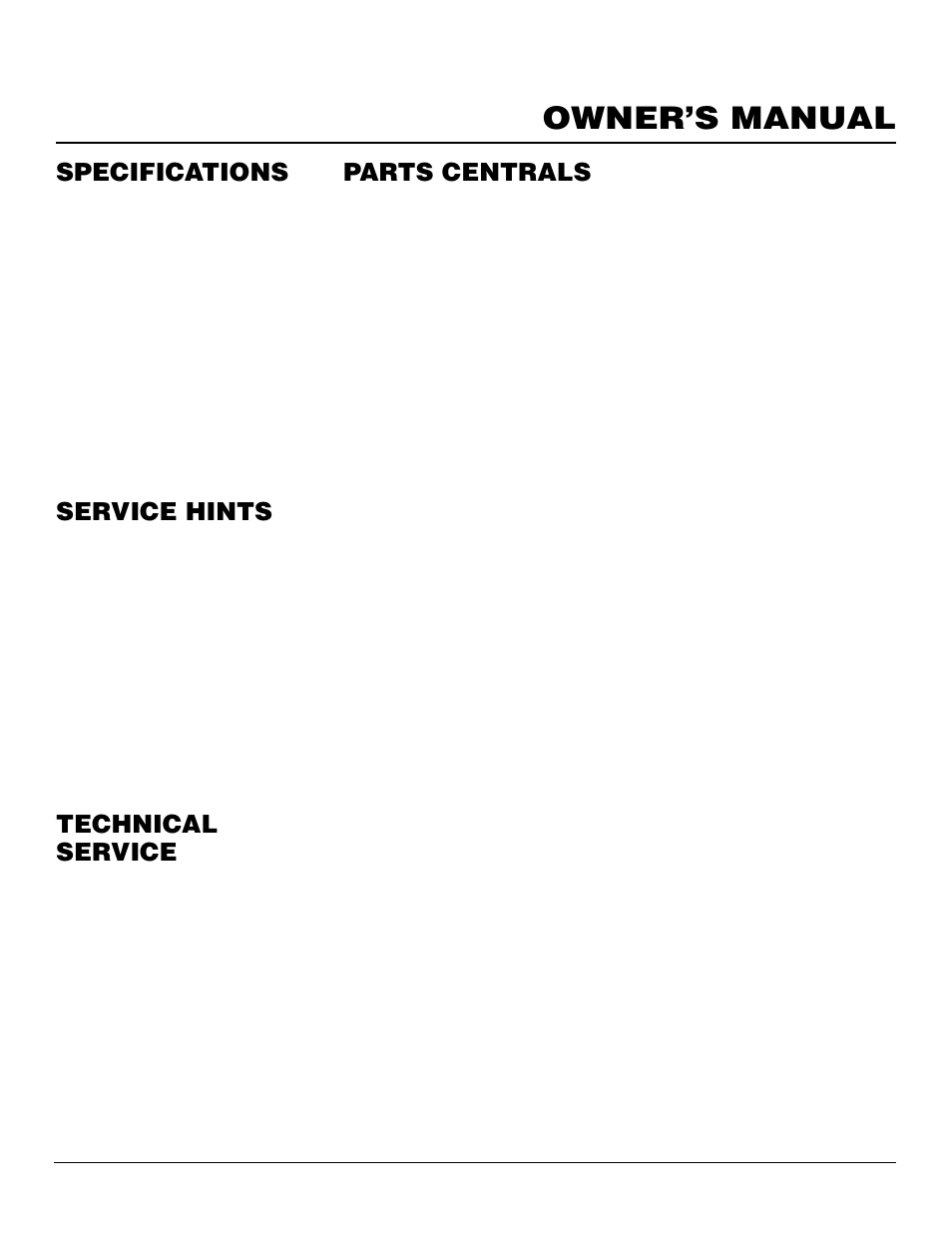 Owner’s manual, Technical service, Specifications | Service hints parts centrals | Desa S26NT User Manual | Page 17 / 24