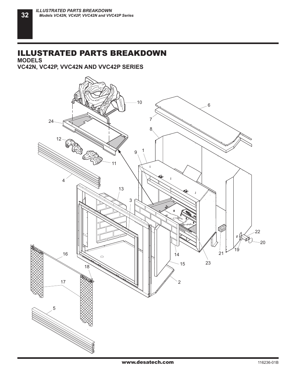 Illustrated parts breakdown and parts list, Illustrated parts breakdown | Desa (V)VC42N SERIES User Manual | Page 32 / 40