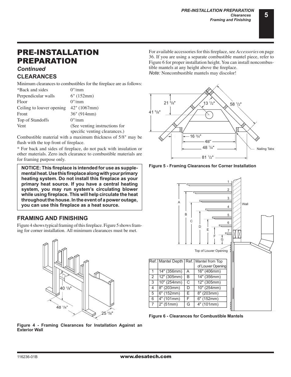 Pre-installation preparation, Clearances, Framing and finishing | Continued | Desa (V)VC42N SERIES User Manual | Page 5 / 40