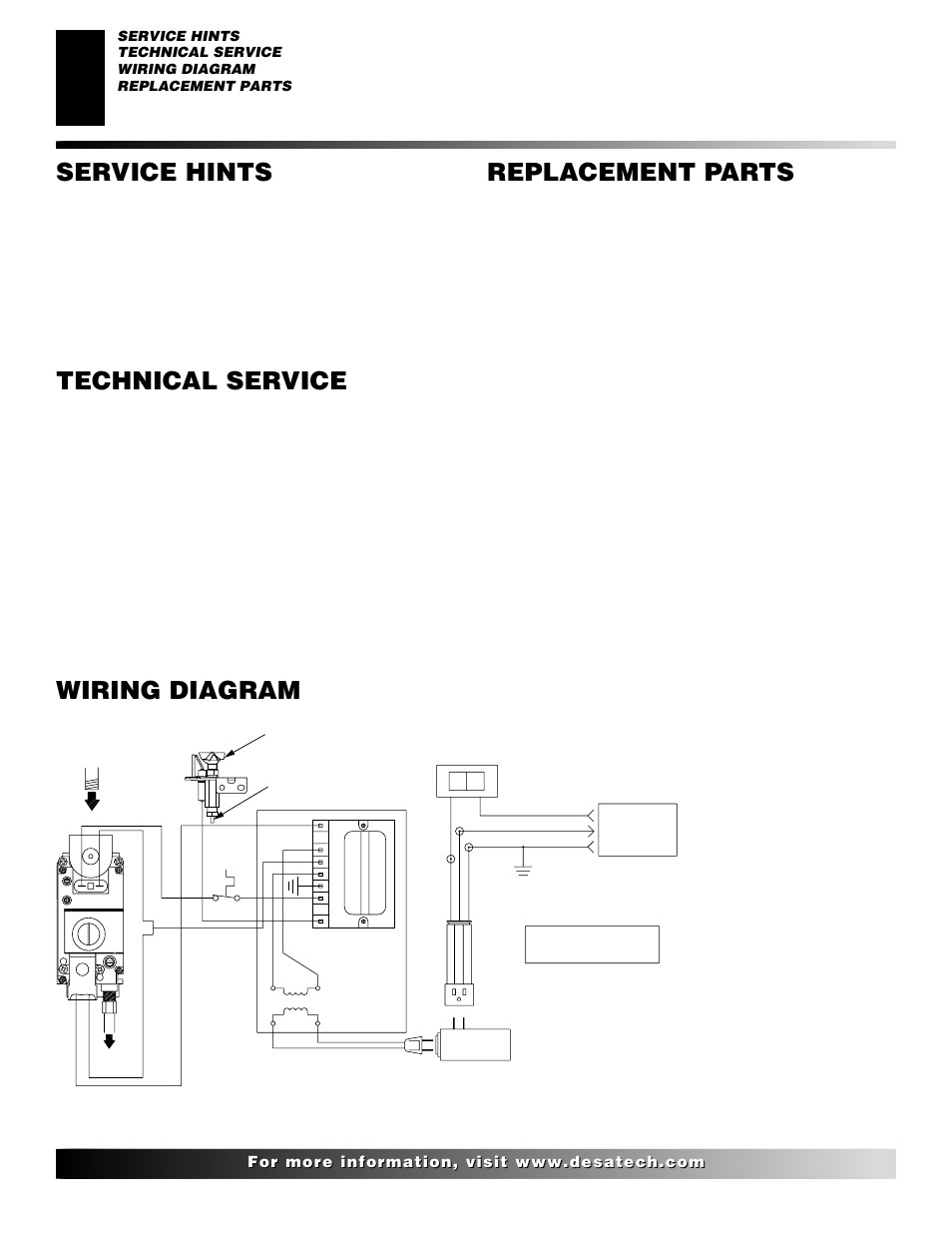 Technical service, Service hints, Replacement parts | Wiring diagram, Parts under warranty, Parts not under warranty, When gas pressure is too low | Desa VP324E User Manual | Page 18 / 30