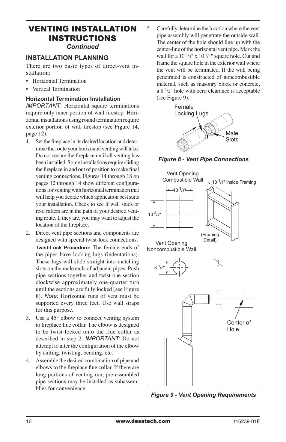 Venting installation instructions, Installation planning, Continued | Desa KC42N User Manual | Page 10 / 44